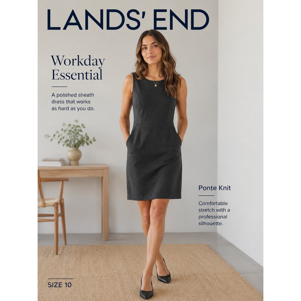 Lands' End Sheath Dress Women 10 Gray Sleeveless Pockets Workwear Ponte